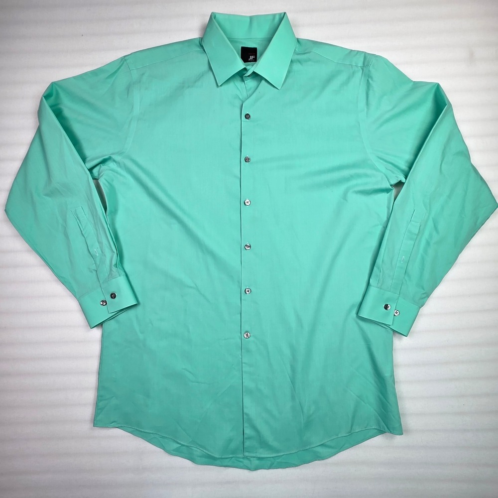 JF J. Ferrar Mens Slim Fit Dress Shirt Teal Green Long Sleeve L 16-16.5 34-35